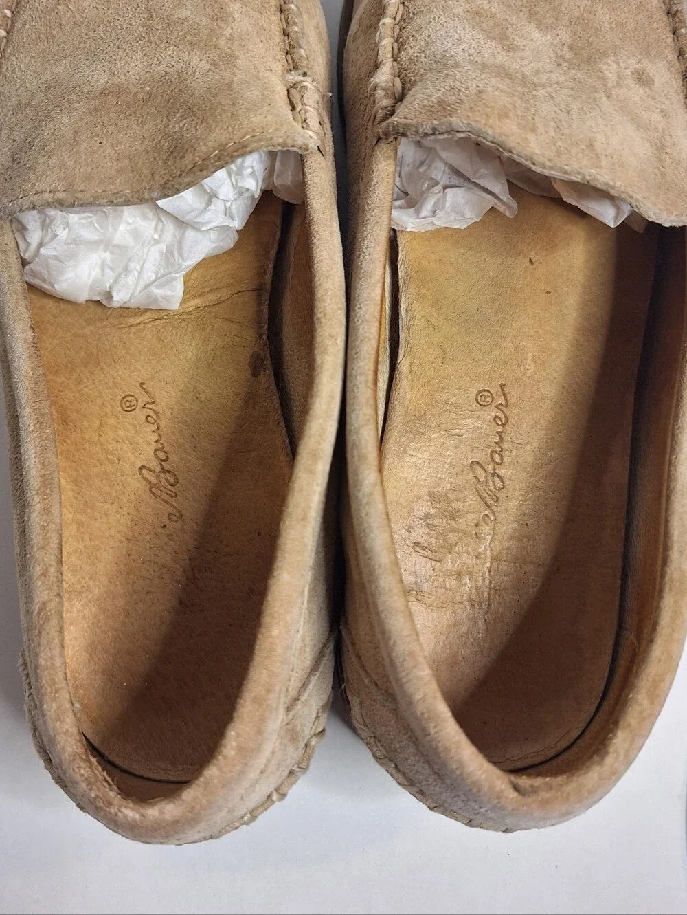 Vintage Eddie Bauer Wmns 7.5W Sand Suede Leather Driving Loafers Slip On Comfort